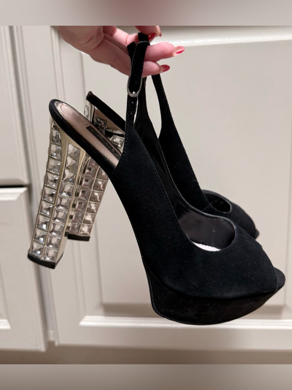 Charles & Keith Black Peep-Toe Slingback Heels with Crystal Block Heel